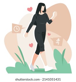 illustration of beautiful woman walking after jogging. with clock or time icon, running, heart. the concept of sports, health, etc. flat vector style