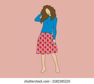 illustration of a beautiful woman wearing a long-sleeved t-shirt and a pink rose-patterned skirt. isolated vector illustration