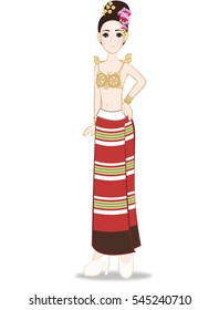 Illustration of beautiful woman wearing traditional costume from northern of Thailand including golden bra and long stripped skirt, isolated on white background. Historical fashion from Thailand, Asia