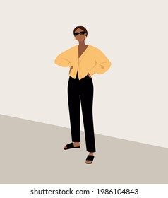 Illustration of beautiful woman in yellow sweater and black pants