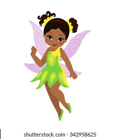 Illustration of a beautiful yellow green fairy in flight Isolated on white background.