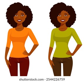 Ilustración de una hermosa mujer negra joven con cabello natural en ropa casual, de pie con la mano en la cadera y sonriendo. Aislado en blanco.