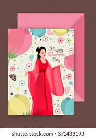 Illustration of beautiful young girl and colorful flowers decorated greeting card design with pink envelope for Happy Women's Day celebration.