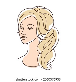 Illustration of beautiful young girl with hairdo on head. Image for hairdressing and wedding salons.