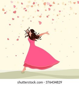 Illustration of a beautiful young girl on hearts decorated background for Happy Women's Day celebration.