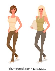 illustration of beautiful young girls in casual clothes