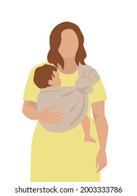 Illustration of beautiful young mother carrying her baby in a sling