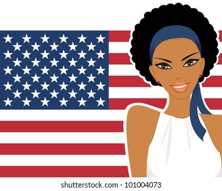 Illustration of a beautiful young woman with the american flag in the background.