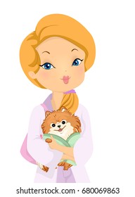 Illustration of a Beautiful Young Woman in a Bathrobe Enjoying a Day at the Spa With Her Cute Pet Dog