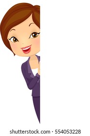 Illustration of a Beautiful Young Woman in Corporate Attire Peeking from Behind a Blank Board