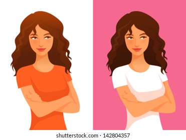 illustration of a beautiful young woman with curly hair, thinking or making decision