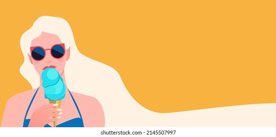 Illustration of a beautiful young woman enjoying ice cream. Summer vector banner. Editable vector illustration