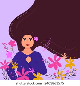 Illustration of Beautiful Young Woman with Flying Long Hair, Flowers Decorated on Pastel Purple Background. Can Be Used as Greeting Card for Happy Women's Day.