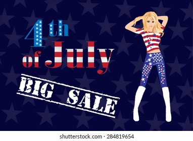 Illustration of a beautiful young woman, girl - an American, dressed in Right of the American flag. Blue background with the words "4th of july".