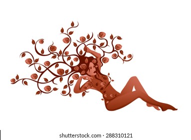 Illustration of a beautiful young woman, with long beautiful hair in the shape of a rose bush with blooming roses woven into the hair and leaves. Dark brownish shades on a white background.