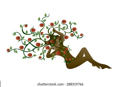 Illustration of a beautiful young woman with long beautiful hair in the shape of a rose bush with blooming roses woven into the hair and leaves. Greenish brown and red shades on a white background.