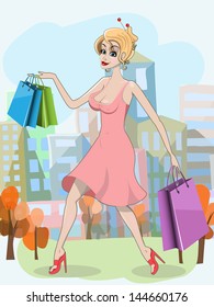 illustration beautiful young woman with shopping bags