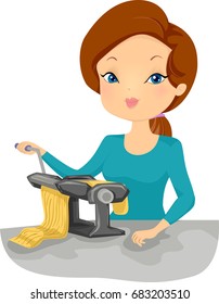 Illustration of a Beautiful Young Woman Using a Machine to Make Homemade Pasta