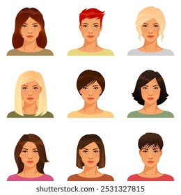 ilustração de uma bela jovem mulher com vários penteados e cor de cabelo. Adequado para temas de beleza feminina ou como um avatar. Isolado no branco.