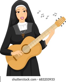 Illustration of a Beautiful Young Woman Wearing the Uniform of a Nun Singing While Strumming the Guitar