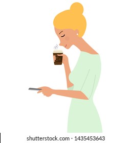 Illustration of a beautiful young woman which enjoys the smell of coffee.Vector illustration on white background in cartoon style