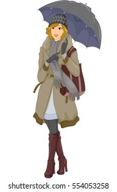 Illustration of a Beautiful Young Woman in Winter Clothing Walking with an Umbrella