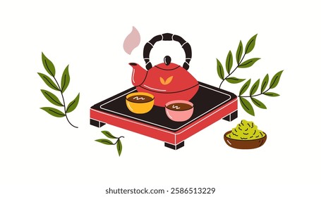 Illustration of a beautifully arranged Asian tea ceremony setup, featuring a red teapot, two tea cups, and fresh tea leaves, drawn in an elegant and minimalistic vector style.