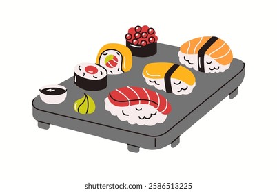 Illustration of a beautifully arranged sushi platter featuring various sushi rolls, nigiri, and side sauces, drawn in a fun and colorful modern vector style.