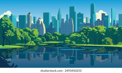 The illustration beautifully captures Central Park, the iconic green oasis in the heart of New York City. This urban retreat is depicted with lush, vibrant greenery and winding pathways