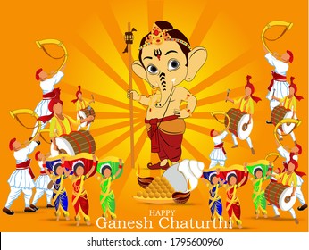 Illustration Of Beautifully Composed Ganesh Chaturthi Festival. Dancing Ladies. Marathi Dance.musical Instrument Like Dhol, Bigul. People Celebrating And Spreading Happiness.