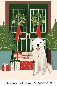 Illustration of a beautifully decorated for the New Year a house entrance with white dog sitting in front