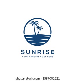 Illustration beauty Beach with wave sea logo design morning sunrise Vector