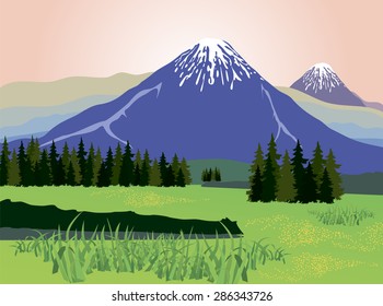 Illustration of beauty landscape fir tree and mountain background