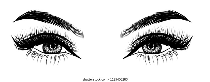 Illustration for beauty salon for eyebrow and eyelash extension vector poster  of beautiful woman. Beauty makeup cut crease eyes, fashion female face on poster.Digital vector detailed line art