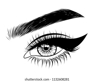 Illustration for beauty salon for eyebrow and eyelash extension vector poster  of beautiful woman. Beauty makeup eyes, fashion female face on poster.Digital vector detailed line art  hand drawn