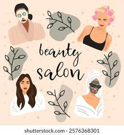 Illustration of beauty salon for girls on pink background.