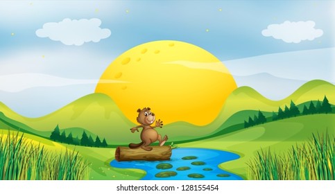 Ilustración de un castor sobre un tronco flotante