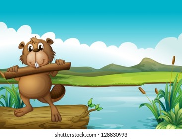 Illustration of a beaver above a floating trunk holding a piece of wood