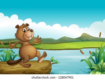 Illustration of a beaver above a floating wood