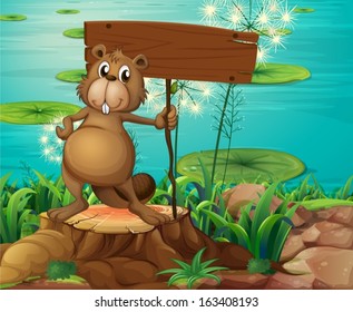 Illustration of a beaver above the stump holding an empty signboard