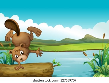 Illustration of a beaver beside a river