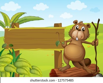 Illustration of a beaver beside a sign board