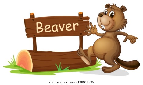 Illustration of a beaver beside a wooden signage on a white background