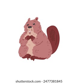 Illustration of a beaver: A charming scared brown animal with a flat tail and two teeth. Vector image of semi-aquatic mammals on a white background.