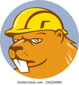 Illustration of a beaver construction worker wearing hard hat set inside circle on isolated background done in cartoon style.