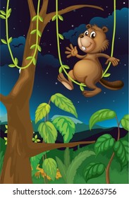 Illustration of a beaver in the dark forest