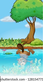 Illustration of a beaver diving underwater