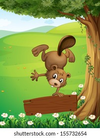 Illustration of a beaver doing a handstand above the wooden signboard