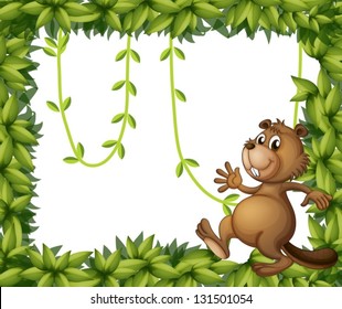 Illustration of a beaver and the empty frame with vine plants on a white background