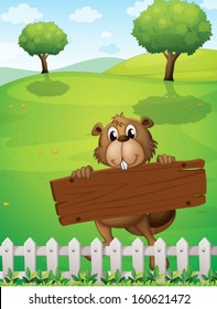 Illustration of a beaver with an empty wooden board